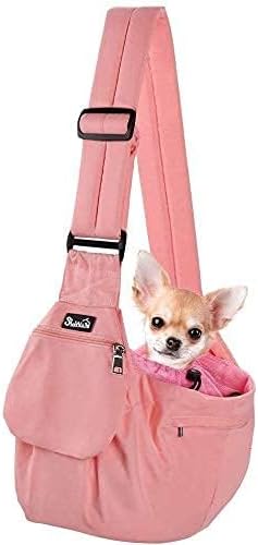 SlowTon Dog Carrier Sling - Hard Bottom Support Dog Carriers for Small Dogs with Adjustable Padded Shoudler Strap, Dog Purse for Puppy Cat Pet with Drawstring Opening Storage Zipper Pockets (Peach)
