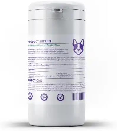 Bleu's Multi-Wipe pet Wipe Dog and Cat Grooming Blueberry Scented Ideal for Ears, Eyes and Tears, Face, Nose, Paws, Claws, Fur, Tails and Booties. Eco-Friendly, compostable