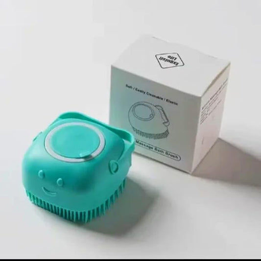 Pet Grooming Bath Massage Brush with Soap and Shampoo Dispenser, Soft Silicone Bristles for Long/Short Hair Dogs & Cats, Shower, Yellow