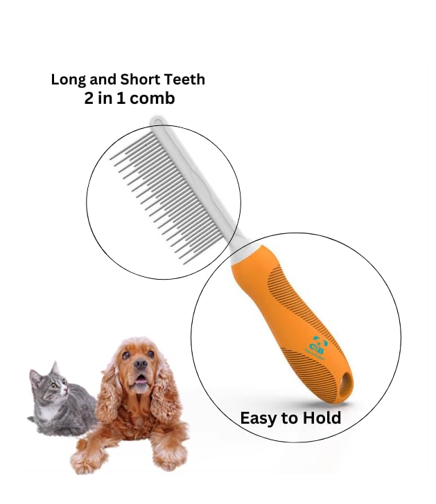 Cute to the Bone Pet Grooming Comb for Long, Curly or Silky Hair Dog and Cat, Stainless Steel Teeth for Dematting and Detangling, Safe for Home Use, Orange