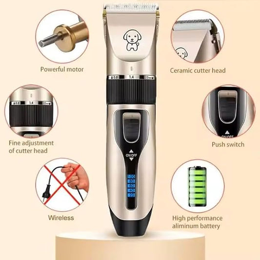 Pet Grooming Kit, Rechargeable Clippers with 6 Guide Combs, Stainless Steel Blades, Scissors, Comb