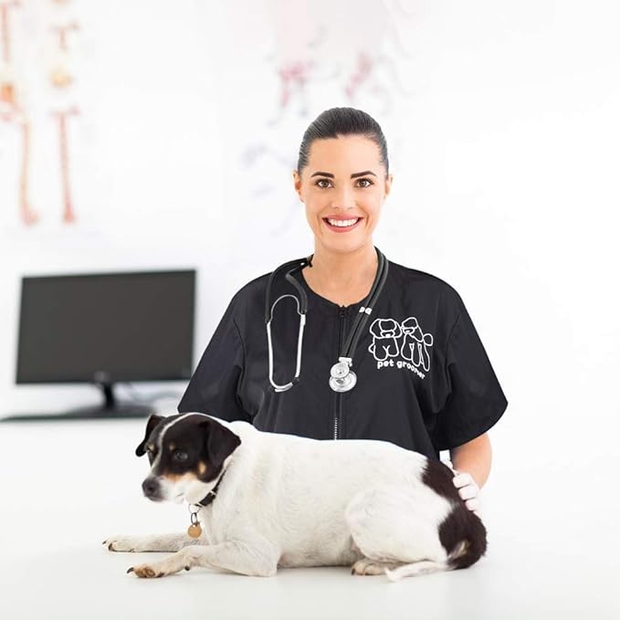 Noverlife Short Sleeves Pet Grooming Work Clothes with Full Zipper, M Size, Splash Proof Anti-Static Pet Beautician Smock, Dog Cat Groomer Cosmetologist Uniforms