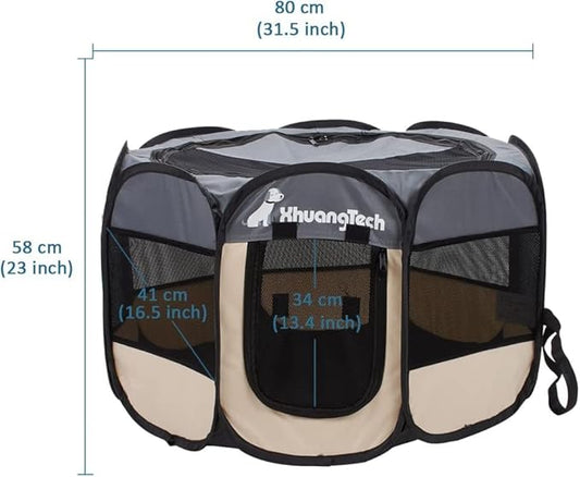 Foldable Pet Dog Playpen, Pop Up Portable Cat Playpen, Indoor/Outdoor for Kitten Puppy Play Pen, Cats Crate Tent with Carrying Bag, 600D Oxford (Grey + Beige, Medium (31.5"x31.5"x23"), 8)