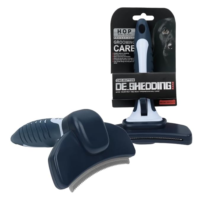 HOP Dog Deshedding Brush for Short Haired Dogs Cats Pets Professional Deshedding Tool Anti-Slip Handle & Detachable Head Highly Effective Deshedder Grooming Home of Paws (Dark Blue_L)