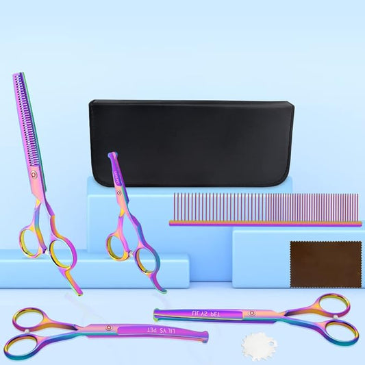 LILYS PET Safe Round-Tip Professional PET DOG Grooming Coated Titanium scissors suit Cutting&Curved&Thinning shears Set (Rainbow)