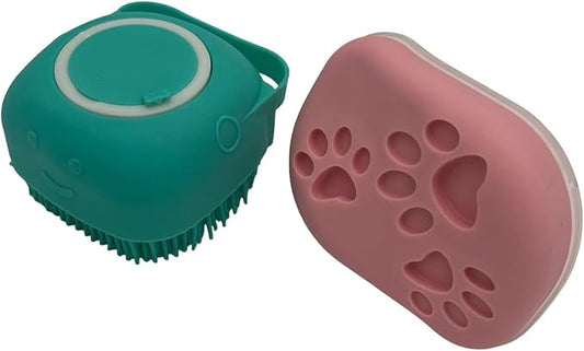 Dog Bath Brush - Pet Grooming Brush with Soap Dispenser - Soft Silicone Dog Shampoo Brush Scrubber - Short Long Haired Dogs and Cats Washing - PINK & GREEN 2 Count