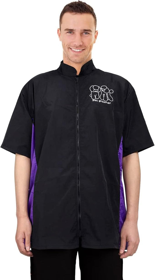 Noverlife Short Sleeves Pet Grooming Workwear With Full Zipper, XL Size, Anti-Static Beautician Smock, Lightweight Groomer Cosmetologist Uniforms Style Dog Cat Jacket for Men Women