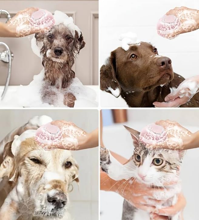 Grooming Silicone Pet Bath Brush With Shampoo Dispenser (Pink)