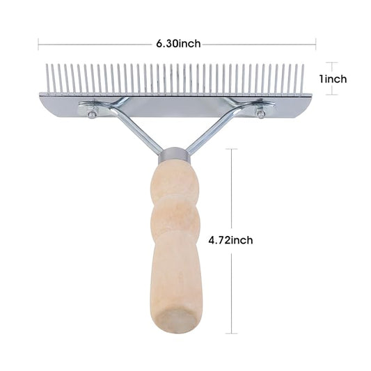 Undercoat Grooming Rake with Anti-Slip Wooden Handle, Steel Comb for Medium & Large Pets