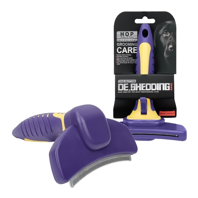 HOP Dog Deshedding Brush for Short Haired Dogs Cats Pets Professional Deshedding Tool Anti-Slip Handle & Detachable Head Highly Effective Deshedder Grooming Home of Paws(Purple_L)