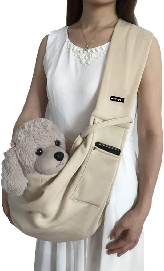 Leconpet Dog Sling Carrier Shoulder Bag for Pets with Mobile Phone Pocket Safety Buckle Security Lock, Suitable for Puppy, Small Dogs, and Cats for Outdoor Travel (Beige)