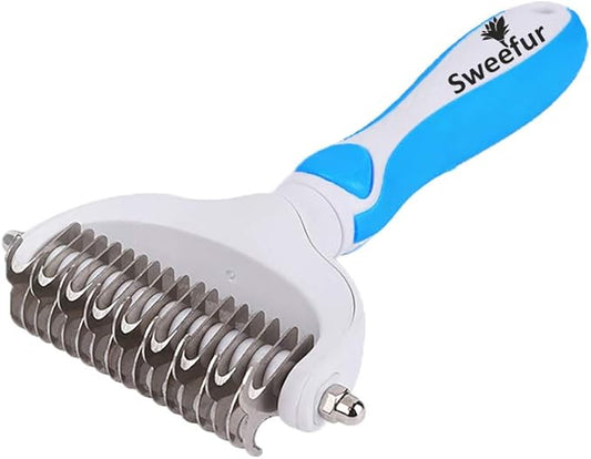 Pet Grooming Comb- 2 Sided Undercoat rake for Dogs & Cats- Professional Teeth pet Brush for Shedding and Remove mats & tangles- Grooming rake Tool for All pet Sizes- Blue
