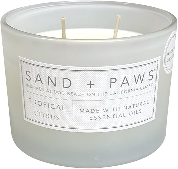 Sand + Paws Scented Candle - Tropical Citrus - Additional Scents and Sizes –Luxurious Air Freshening Jar Candles Neutralize pet Odors and Enhance Home décor – 100% Cotton Lead-Free Wicks - 12 oz