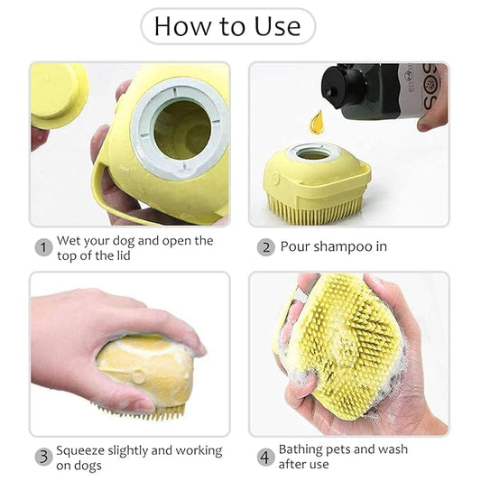 Pet Grooming Bath Massage Brush with Soap and Shampoo Dispenser Soft Silicone Bristle for Long Short Haired Dogs Cats Shower