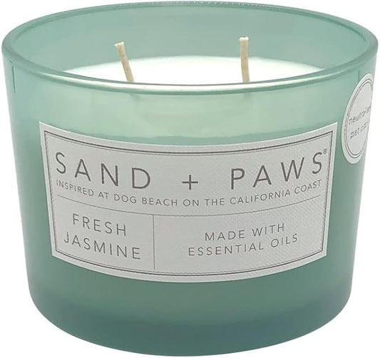 Sand + Paws Scented Candle - Fresh Jasmine - Additional Scents and Sizes –Luxurious Air Freshening Jar Candles Neutralize pet Odors and Enhance Home décor – 100% Cotton Lead-Free Wicks - 12 oz