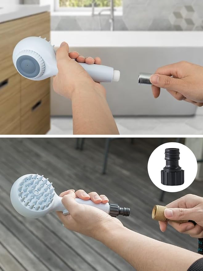 Dog Shower Head with Brush โ 3-in-1 Pet Grooming Tool with Shampoo Dispenser & Stainless Steel Hose โ Indoor/Outdoor Use โ Compatible with ยผโ Faucet & ยพโ Hose Adapter