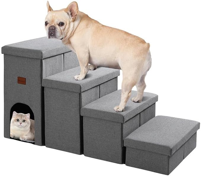 JOLLYVOGUE Dog Steps for Small Dogs, Cat Stairs with Storage, Non-Slip Dog Steps for Beds Couches, Folding Pet Stairs Helper for High Beds, Dog Ramp for Small Dogs and Cats or Pets Friendly, 4-Tiers