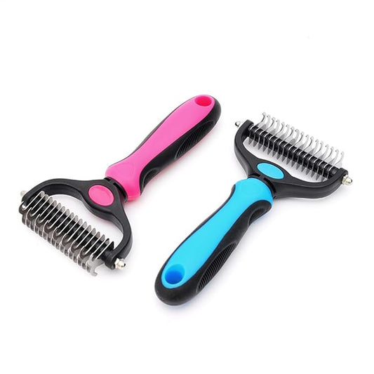 Pet Comb Stainless Steel Double-Sided Shedding Dematting Cat Dog Rake Pet Brush With Stainless Steel Dog Tag,Paw Pet Stainless (BLUE)