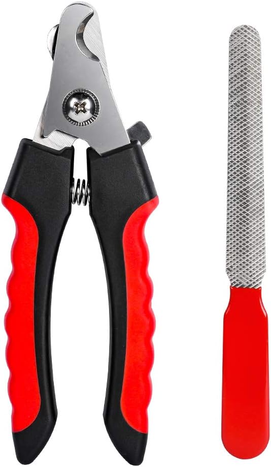 Dog Nails Clippers Trimmer with Safety Guard to Avoid Over-Cutting, Razor Sharp Blades with Bonus Dog Nail File, Cat Claw Clippers with Sturdy Non Slip Handles for Pets Dog Cat(Red & Black)