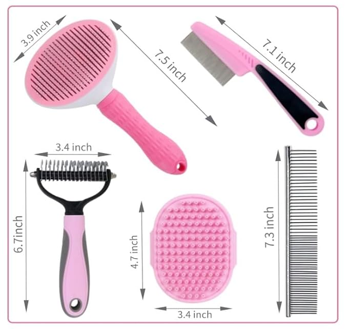 Dog Grooming Kit – Pink Deshedding Brush for Short Hair Dogs, Slicker Brush, Flea Comb & Puppy Brush Set – Gentle Grooming Tools for Small & Medium Breeds