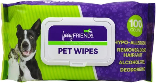 FurryFriends Pet Wipes | Lavender Chamomile Scented | Hypo-allergenic | Alcohol Free| Deodorizing | Removes Loose Hair & Dirt | Incredibly Clean | 100 ct. 1 Pack