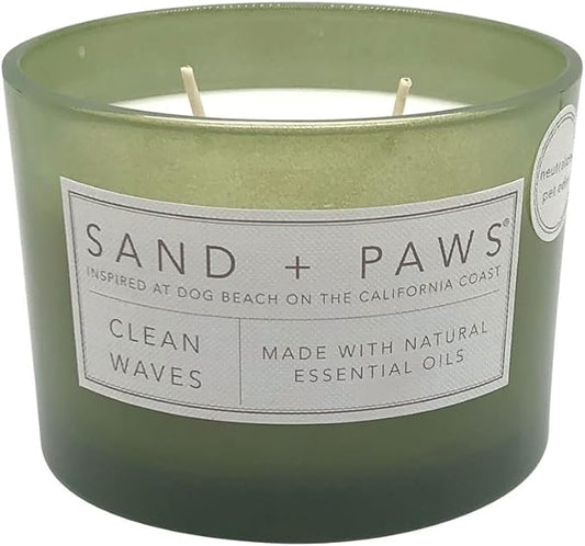 Sand + Paws Scented Candle - Clean Waves - Additional Scents and Sizes –Luxurious Air Freshening Jar Candles Neutralize pet Odors and Enhance Home décor – 100% Cotton Lead-Free Wicks - 12 oz
