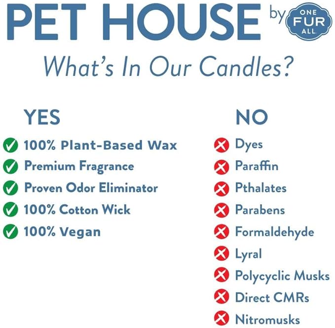 One Fur All Pet House Candle 2 Pack - Plant-Based/Soy, Long Lasting, Pet Odor Eliminating, Sunwashed Cotton Scented Candles