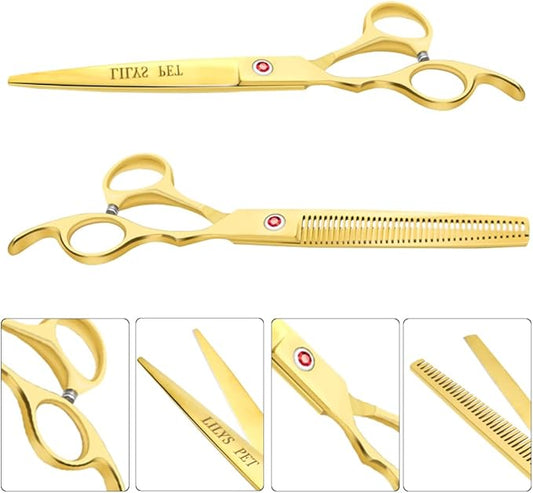 LILYS PET Professional PET DOG Grooming Coated Titanium scissors suit Cutting&Curved&Thinning shears (7.0 inches, Gold)…