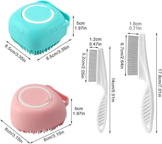iayokocc 2Pcs Dog Cat Bath Brush Soft Silicone Dog/Puppy Massage Brush Hair Fur Grooming Cleaning Brush with Shampoo Dispenser,for Long Short Haired Pets,with 2Pcs Pet Flea Comb.
