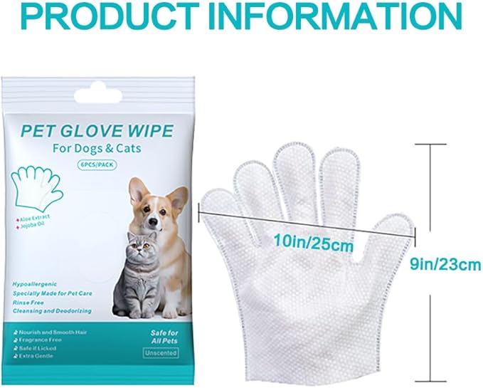 Cleaning Glove for Dog and Cat, Wipes Gloves for Dog and Cat Fur Face, Ear, Eye, Paws Cleaning Wipes Pet Wash Free Gloves, Grooming Wipes for Pet No Rinse Thick Dog Wipes Gloves(12 Pcs)