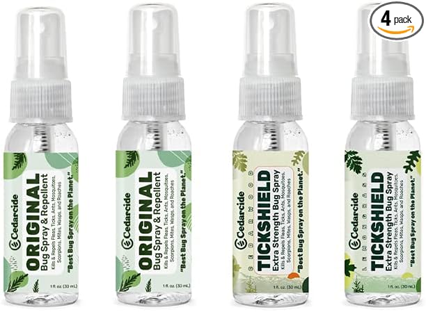 Cedarcide Original & Tickshield Family Pack | Natural Cedar & Lemongrass Oil Bug Spray | Eco-Friendly, Family-Safe Flea & Tick Repellent | Pack of 4, 1oz Spritzers