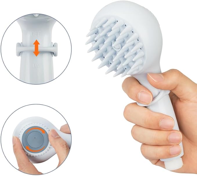 Dog Shower Head with Brush โ 3-in-1 Pet Grooming Tool with Shampoo Dispenser & Stainless Steel Hose โ Indoor/Outdoor Use โ Compatible with ยผโ Faucet & ยพโ Hose Adapter