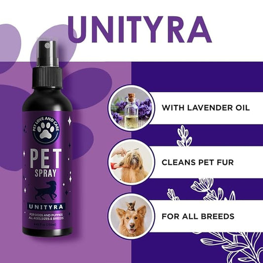 Pet Deodorizing Spray –Lavender Essential Oil | Odor Eliminator for Cats & Dogs, For All Ages, Sizes and Breeds| Safe for Bedding, Furniture & Pet Areas | 250ml