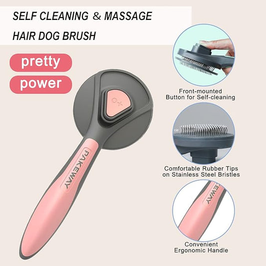 Pet Grooming Brush, Self Cleaning Slicker Brush, Removes Loose Hair & Tangles, Skin Friendly & Promotes Circulation, for Cats and Dogs with Short, Medium & Long Hair (2Pack, Green & Pink)