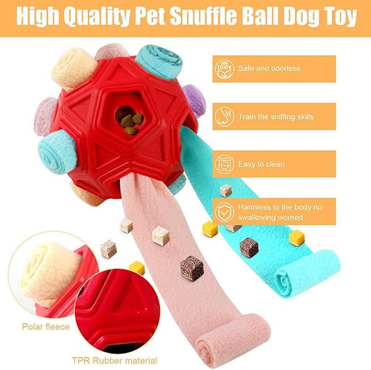 Dog Snuffle Ball-Interactive Puzzle Dog Toys Encourage Natural Foraging Skills Slow Feeder for Training and Stress Relief, Cloth Strip Hiding Food Chew Toys for Any Size Dogs (Red Macaron)