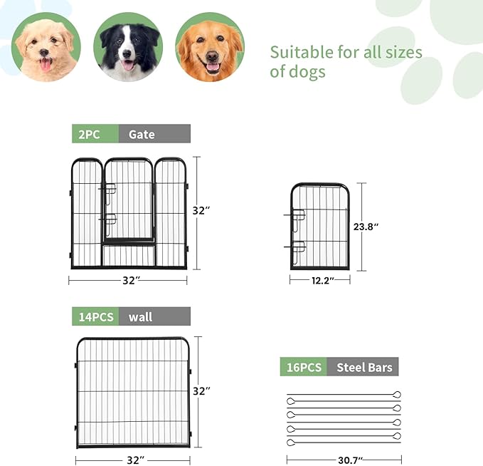 FDW Dog Playpen Dog Pen Dog Kennel 16 Panels 32 Inch Height Indoor Outdoor Folding Metal Portable Puppy Exercise Pen Heavy Duty Dog Fence for Yard Camping,Black