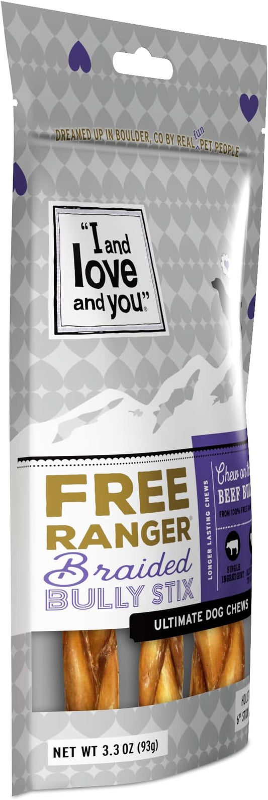 I AND LOVE AND YOU Free Ranger Braided Bully Stix - Beef - Rawhide Alternative, Single Ingredient, Free Range Grass Fed Beef, 6in, 3ct