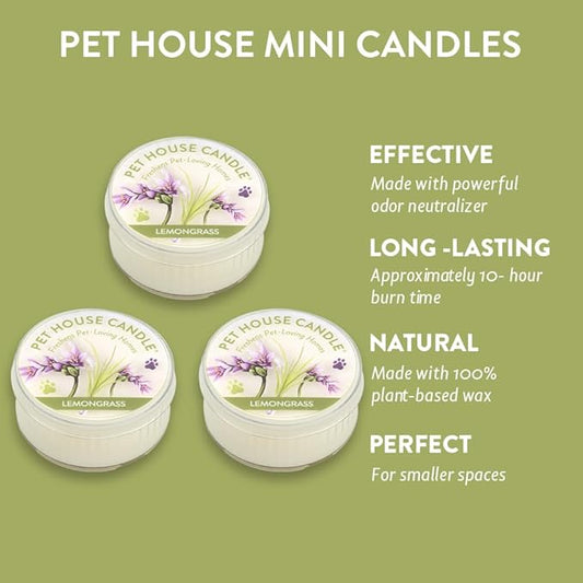 Pet House Mini Candles for Pet Odor Made with Natural Soy Wax, Plant Based, Dog and Cat Friendly Scented Candles, Lemongrass Pack of 3