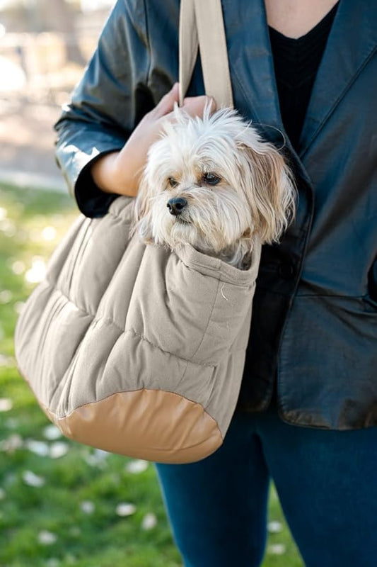 Cozy Plush Pet Carrier Purse - Secure Harness Clip, Lightweight Tote Design for Small Dogs and Puppies (Cream)