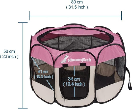 Foldable Pet Dog Playpen, Pop Up Portable Cat Playpen, Indoor/Outdoor for Kitten Puppy Play Pen, Cats Crate Tent with Carrying Bag, 600D Oxford (Pink + Beige, Medium (31.5"x31.5"x23"), 8)
