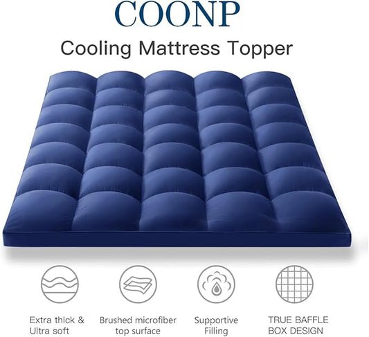 COONP California King Mattress Topper, Extra Thick Pillowtop, Cooling Plush Mattress Pad Cover Bed Topper Protector with 8-21 Inch Deep Pocket (Navy Blue, California King)