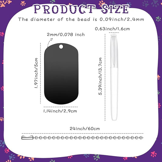 Therwen 62 Pieces Military Dog Tags for Kids Set Including 30 Aluminum Blank Dog Tag 30 Ball Stainless Steel Beaded Necklaces and 2 Erasable Markers for DIY Crafts(Black)