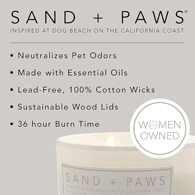 Sand + Paws Scented Candle - Fresh Jasmine - Additional Scents and Sizes –Luxurious Air Freshening Jar Candles Neutralize pet Odors and Enhance Home décor – 100% Cotton Lead-Free Wicks - 12 oz