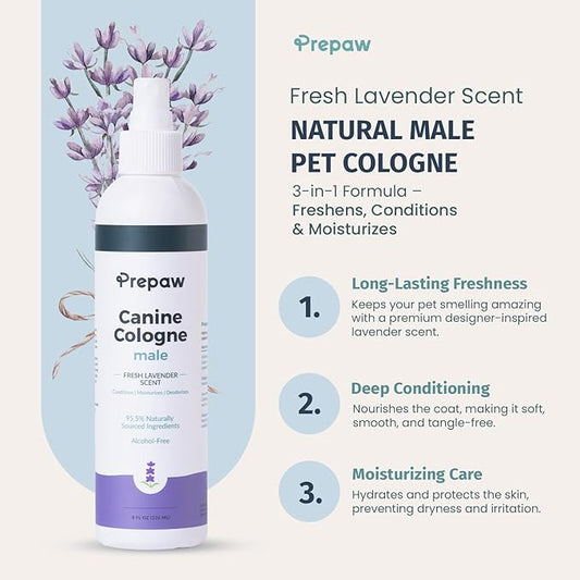 Luxury Male Pet Cologne - Fresh Lavender Scent, 3-in-1 Formula Conditions & Moisturizes, Made with 94% Natural Ingredients, Long Lasting Fragrance, Safe & Easy to Use | 8 fl oz