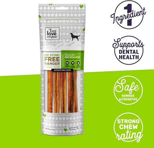 I and love and you No Stink Free Ranger Bully Stix - Beef - Rawhide Alternative, Single Ingredient, Free Range Grass Fed Beef, 6in, 5ct