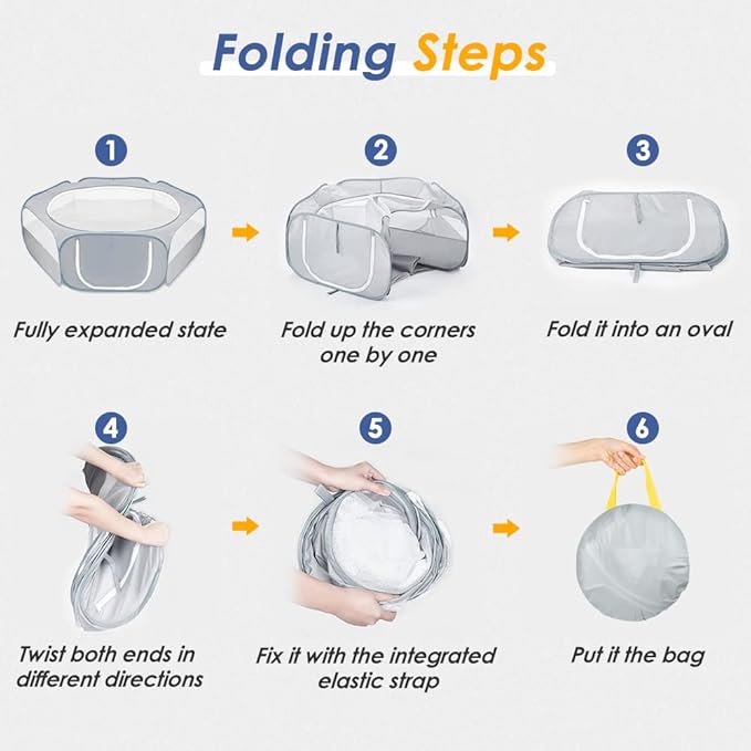 SlowTon Small Animal Playpen Portable - Durable Cat Playpen with Reinforced Mesh, Foldable Pet Playpen Exercise Play Pen with Zipper Top Cover Puppy Fence Kitten Rabbit Ferret Chinchilla (M,Grey)