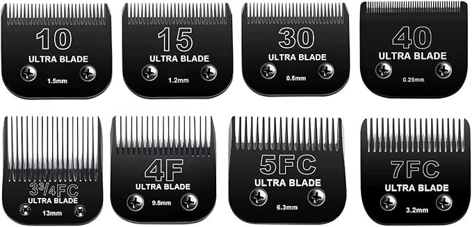 Detachable Pet Dog Grooming Blades of Stainless Steel,Compatible with Andi-s,Oster-A5,Wahl KM-10 Series, 10+15+30+40+7FC+5FC+4F+3-3/4FC(8 counts)