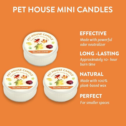 One Fur All Pet House Mini Candle - Falling Leaves 3 Pack - Pet Odor Eliminator Mini Candle - Natural Wax Candle - Mini Candle Set - Pet-Friendly Non-Toxic Scented Candle
