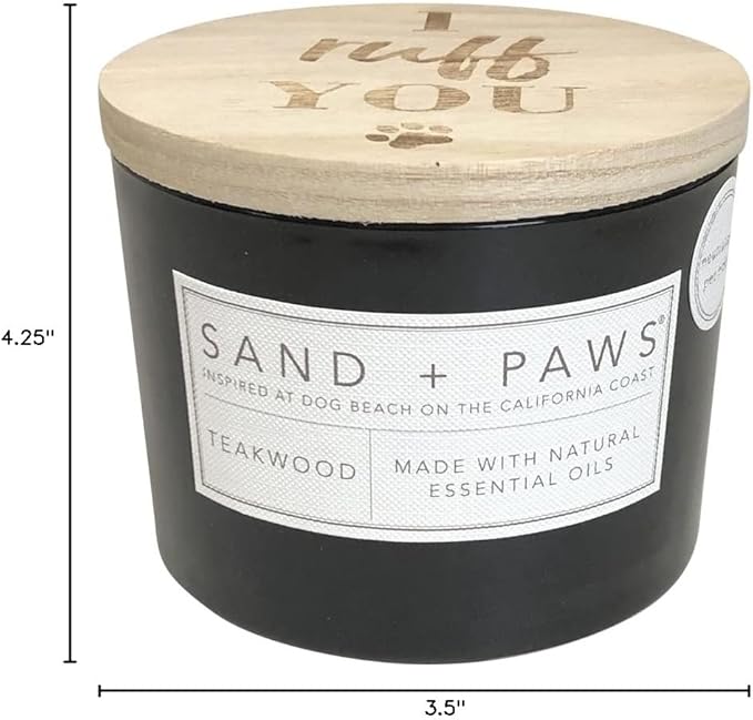 Sand + Paws Scented Candle - Teakwood - Additional Scents and Sizes –Luxurious Air Freshening Jar Candles Neutralize pet Odors and Enhance Home décor – 100% Cotton Lead-Free Wicks - 12 oz