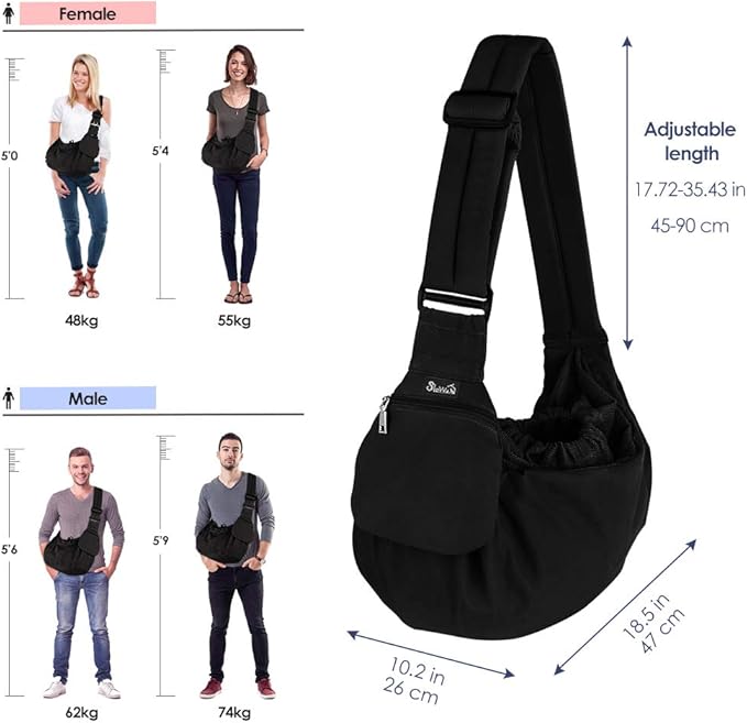 Lukovee Dog Sling Carrier, Hard Bottom Support & Adjustable Soft Padded Shoudler Strap Dog Slings for Small Dogs, Dog Purse with Drawstring Mesh Opening & Zipper Pockets for Puppy Cat Pet (Black)